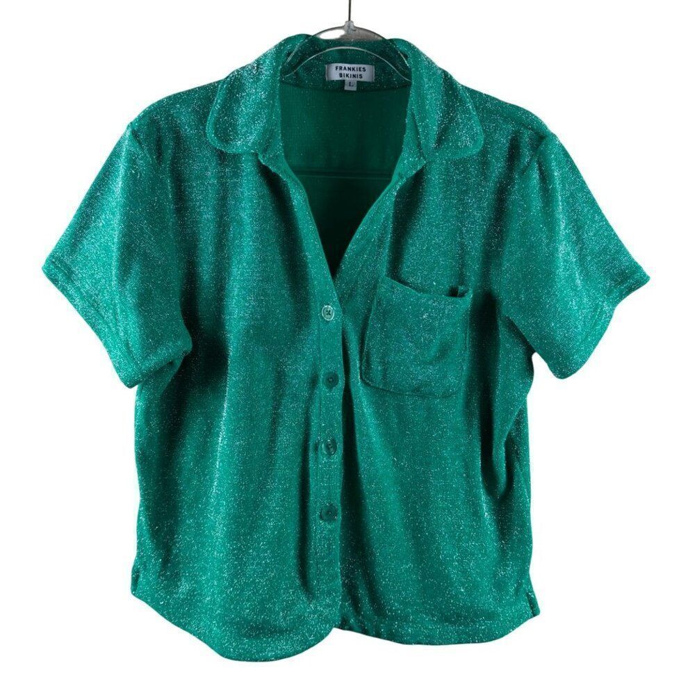 Frankies Bikinis Coco Sparkle Terry Button Up Shirt Mistletoe Green Large Beach - Picture 2 of 10